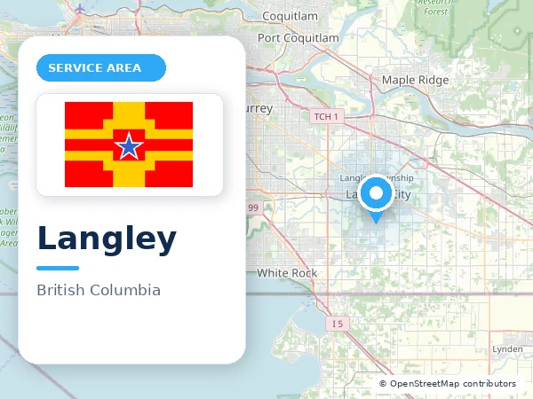 Map of Langley, BC with the City of Langley municipal flag