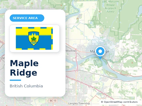 Map of Maple Ridge, BC with the City of Maple Ridge municipal flag