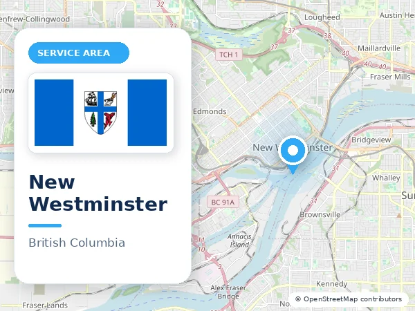 Map of New Westminster, BC with the City of New Westminster municipal flag