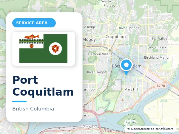 Map of Port Coquitlam, BC with the City of Port Coquitlam municipal flag