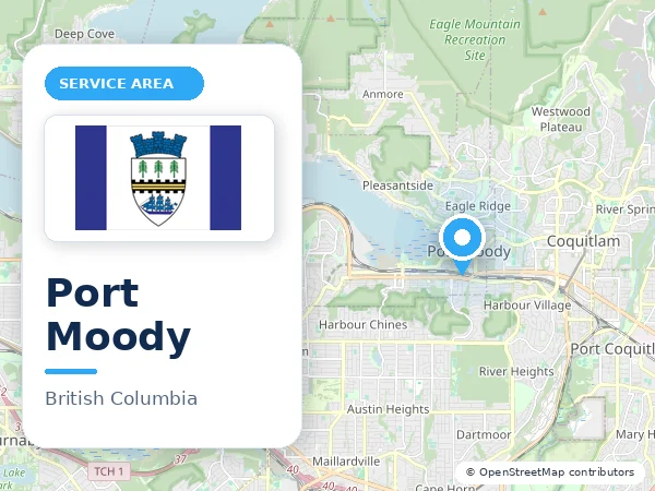 Map of Port Moody, BC with the City of Port Moody municipal flag