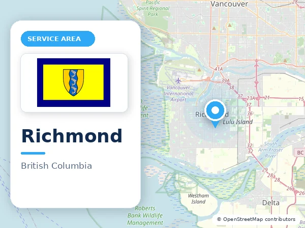 Map of Richmond, BC with the City of Richmond municipal flag