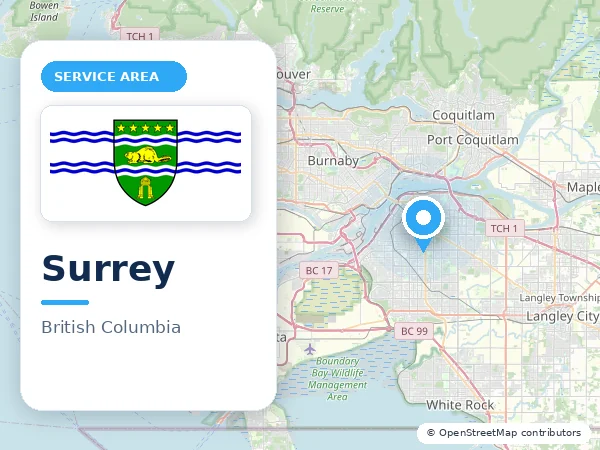 Map of Surrey, BC with the City of Surrey municipal flag