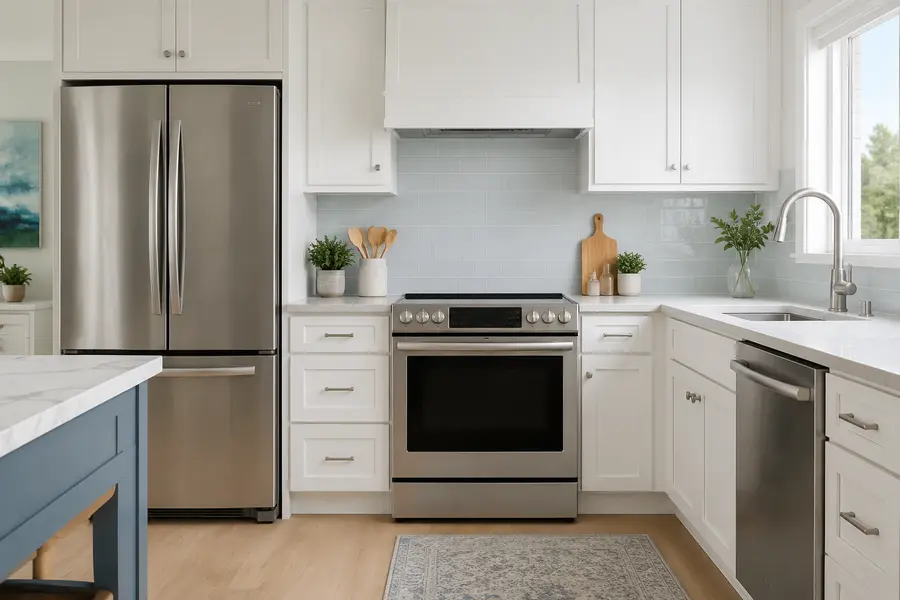 Modern refrigerator, range and dishwasher for appliance repair service