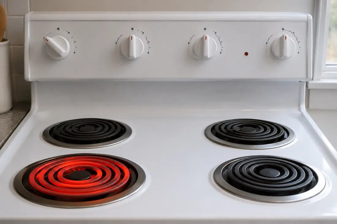 Electric stove coil glowing strongly while its control knob is set low