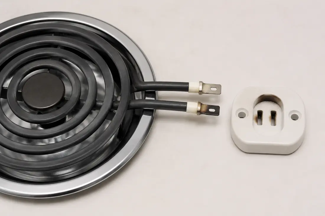 Electric stove coil element and porcelain receptacle with localized terminal oxidation