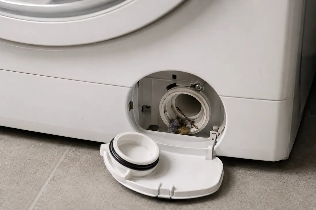 Clogged washer drain-pump filter with lint and small objects
