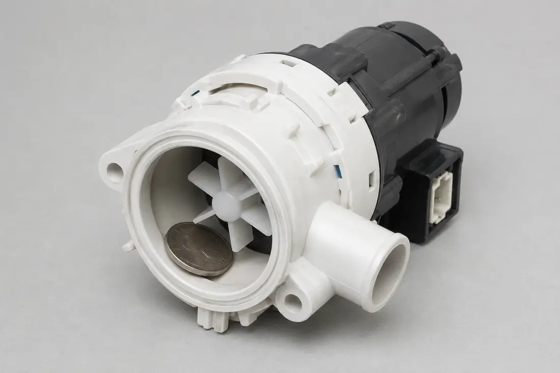 Washing machine drain pump with a coin beside the impeller