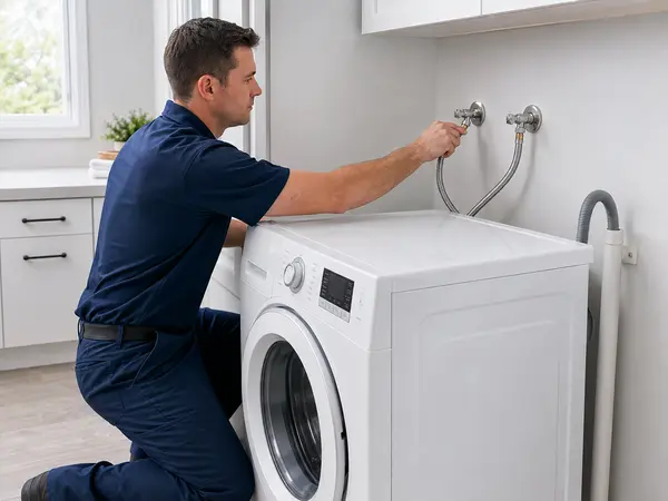 Technician connecting washer inlet hoses to wall shutoff valves
