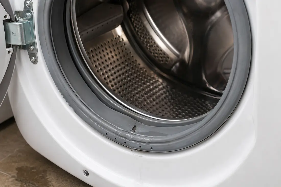 Torn front-load washer door boot gasket leaking water