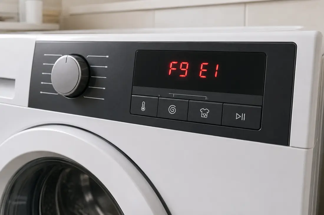 Washer control panel displaying an F9 E1 error code