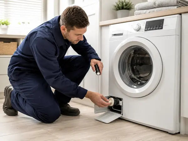 Technician inspecting the drain-pump filter on a front-load washer